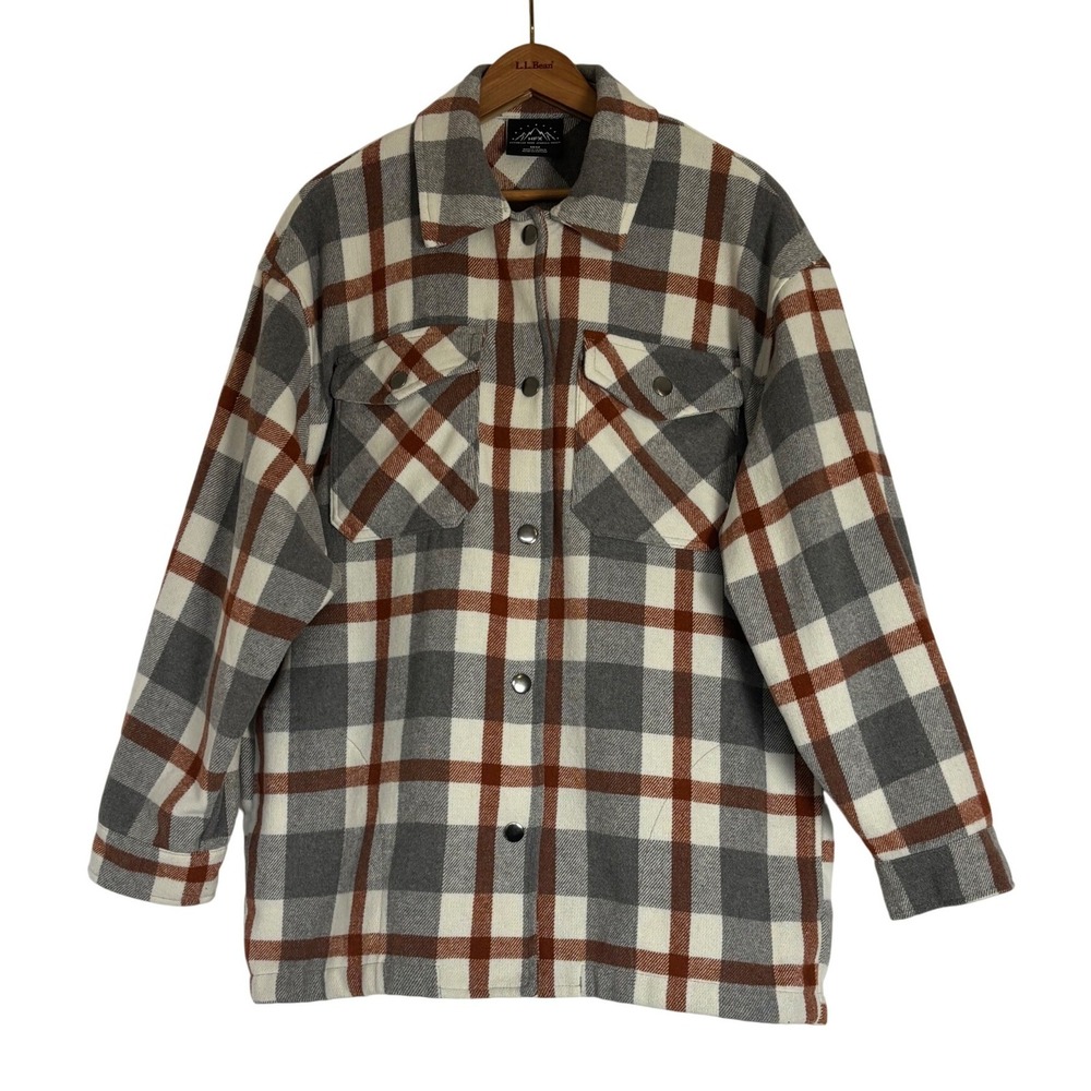 HFX Plaid Shacket Mens M Grey‎ Rust Orange Snap Front Flannel Shirt Jacket
